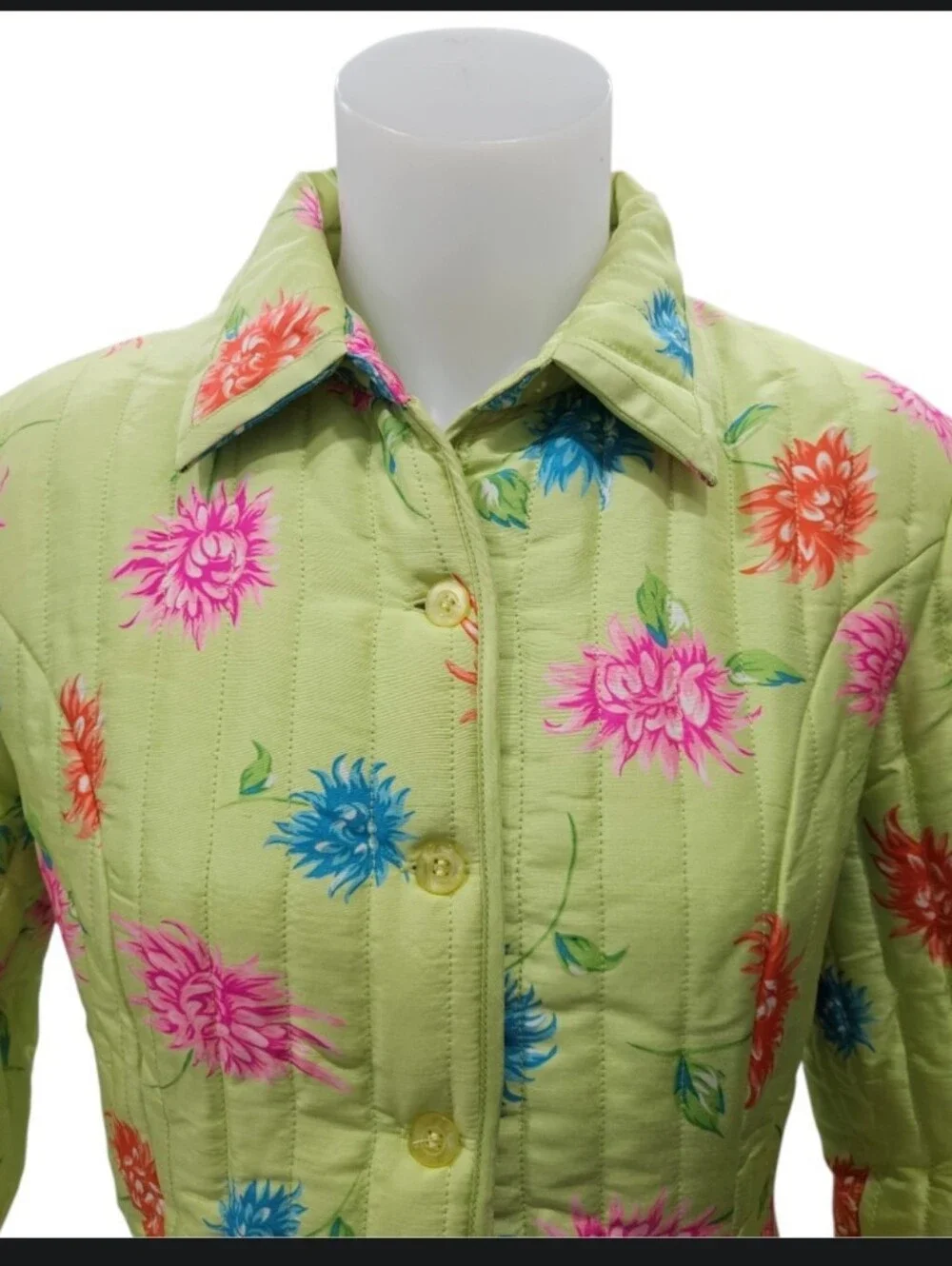VTG Silkland 100% Silk Lime Green Floral Quilted Jacket Blazer Sz M Blue Pink